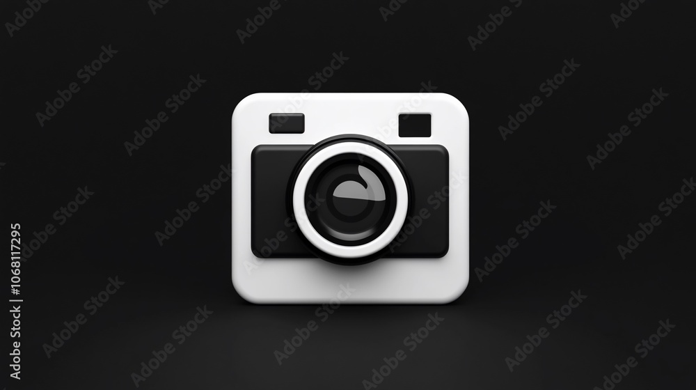 A simple, white and black 3D camera icon with rounded edges, isolated on a black background.
