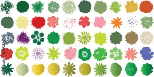 Tree top view silhouette vector set, vibrant foliage in green, red, pink, and brown tones, with diverse leaf shapes and textures, ideal for landscape design, mapping, and nature inspired projects