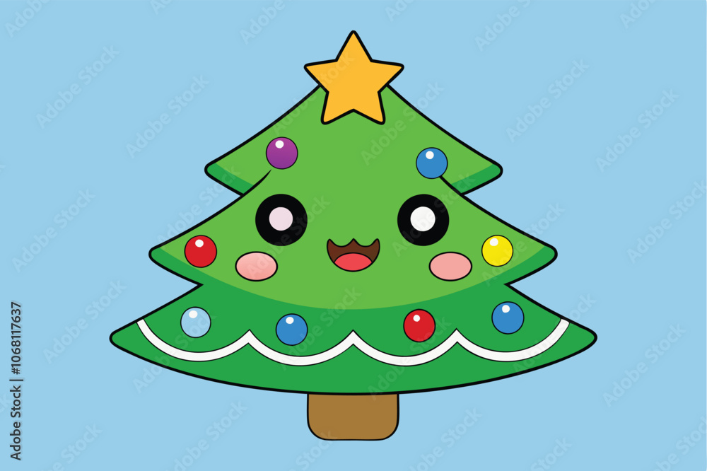 cute smiling christmas tree with ornaments and star vector illustration. cute smiling christmas tree with ornaments and star vector illustration.