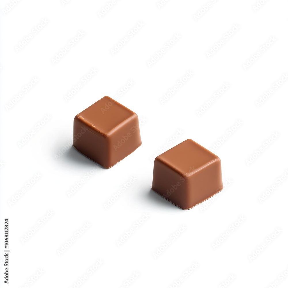 A photo of 2-3 separate single cubes from a milk chocolate bar isolated on a white background, generative ai