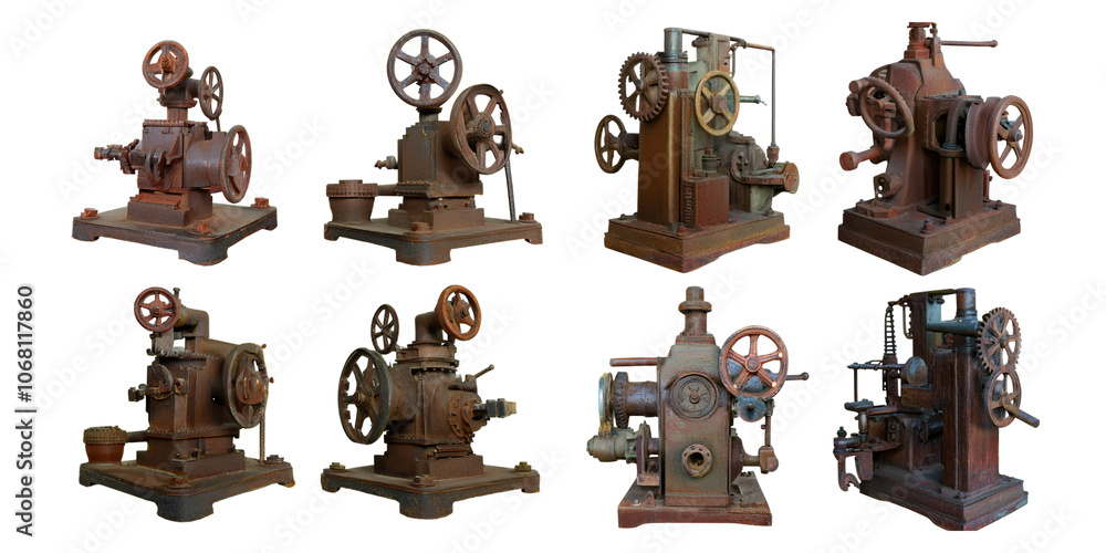 Fototapeta premium Vintage Industrial Machines Collection, PNG collection, set bundle, isolate on transparent or white background