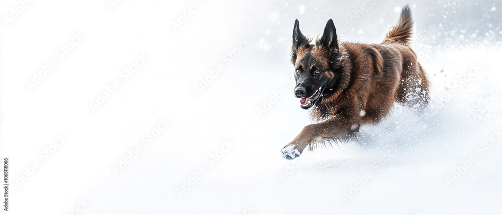 Belgian Tervuren Dog Running Through A Snowy Field In Winter Wonderland Belgian Tervuren Dog Running Through A Snowy Field In Winter Wonderland