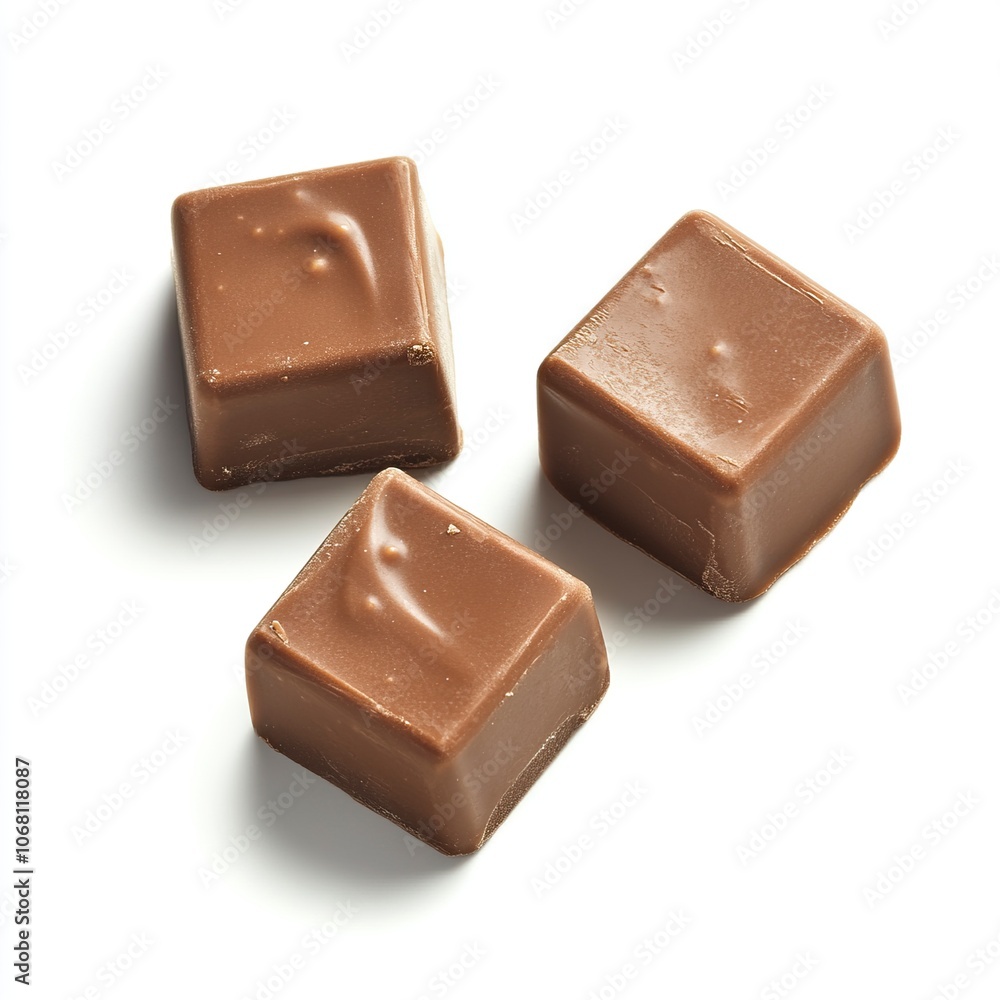 A photo of 2-3 separate single cubes from a milk chocolate bar isolated on a white background, generative ai A photo of 2-3 separate single cubes from a milk chocolate bar isolated on a white background, generative ai