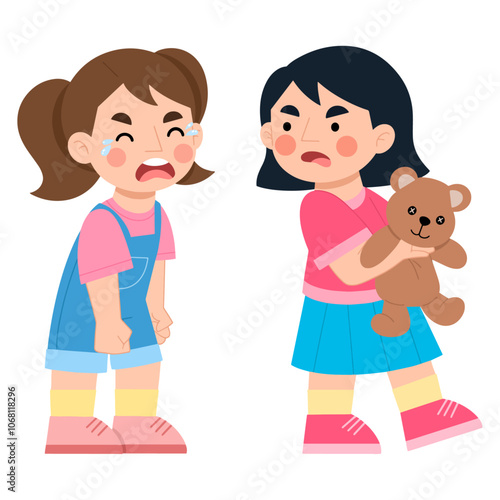 Illustration of girls fighting over toy dolls