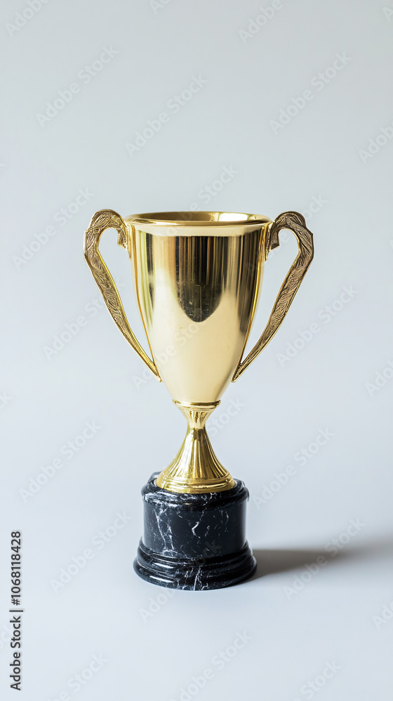 Brass steel trophy, dual handle neo-classic, isolated on white. Trophy is a tangible, durable reminder of a specific achievement, serves as recognition / evidence of merit, awarded for sporting events Brass steel trophy, dual handle neo-classic, isolated on white. Trophy is a tangible, durable reminder of a specific achievement, serves as recognition / evidence of merit, awarded for sporting events