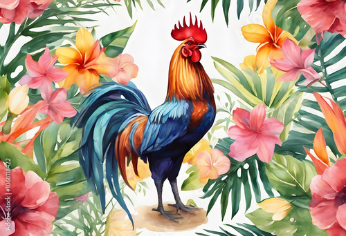Fototapeta Naklejka Na Ścianę i Meble -  A vibrant watercolor illustration of a rooster surrounded by tropical flowers and leaves. The artwork features colorful blooms and lush greenery, creating a lively and exotic atmosphere.