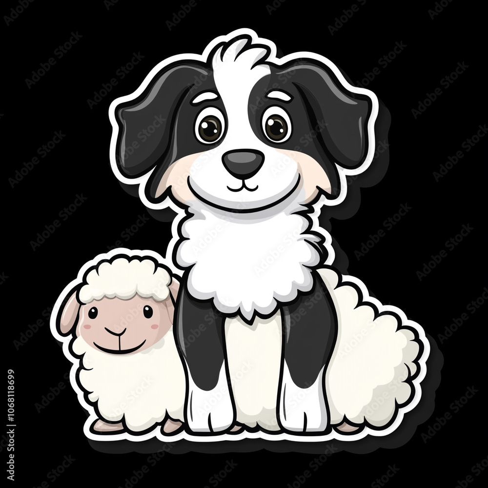 Border Collie Dog Herding A Sheep Plushie 2D Cartoon Illustration for Children's Book Cover Design Border Collie Dog Herding A Sheep Plushie 2D Cartoon Illustration for Children's Book Cover Design