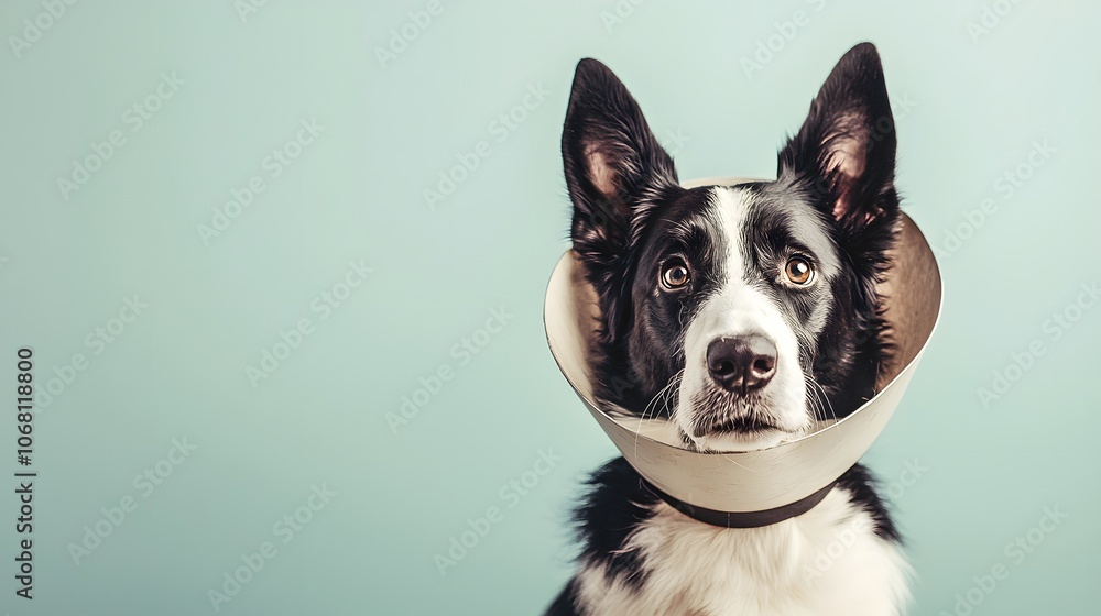 Border Collie dog wearing a cone collar, looking curiously at the camera, light background. Border Collie dog wearing a cone collar, looking curiously at the camera, light background.