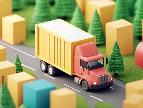 Colorful 3D truck model driving on a road through a vibrant landscape.