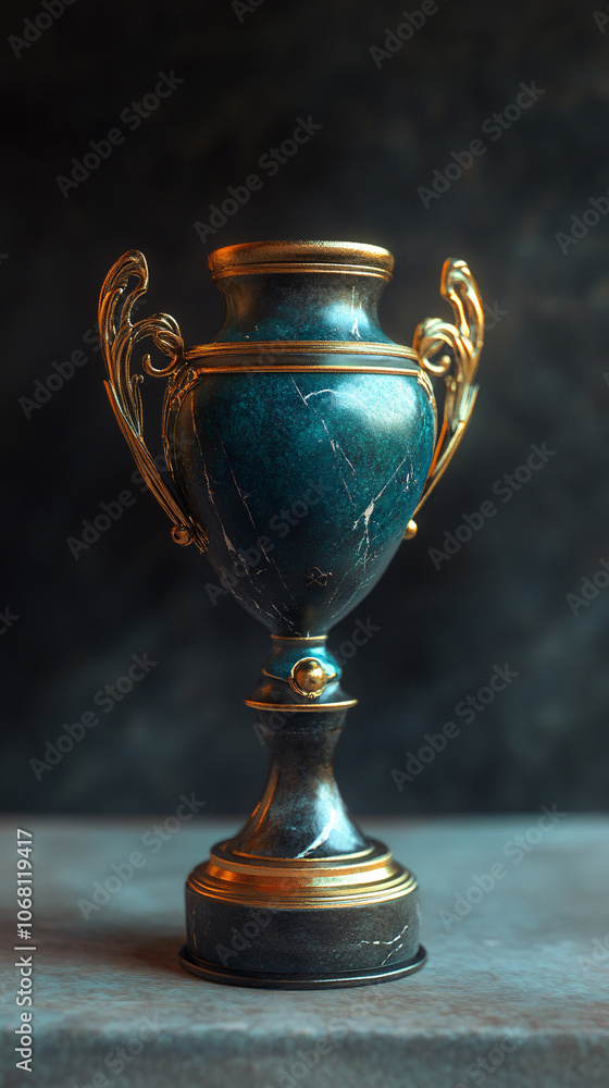 Brass steel trophy, dual handle neo-classic, isolated on white. Trophy is a tangible, durable reminder of a specific achievement, serves as recognition / evidence of merit, awarded for sporting events Brass steel trophy, dual handle neo-classic, isolated on white. Trophy is a tangible, durable reminder of a specific achievement, serves as recognition / evidence of merit, awarded for sporting events