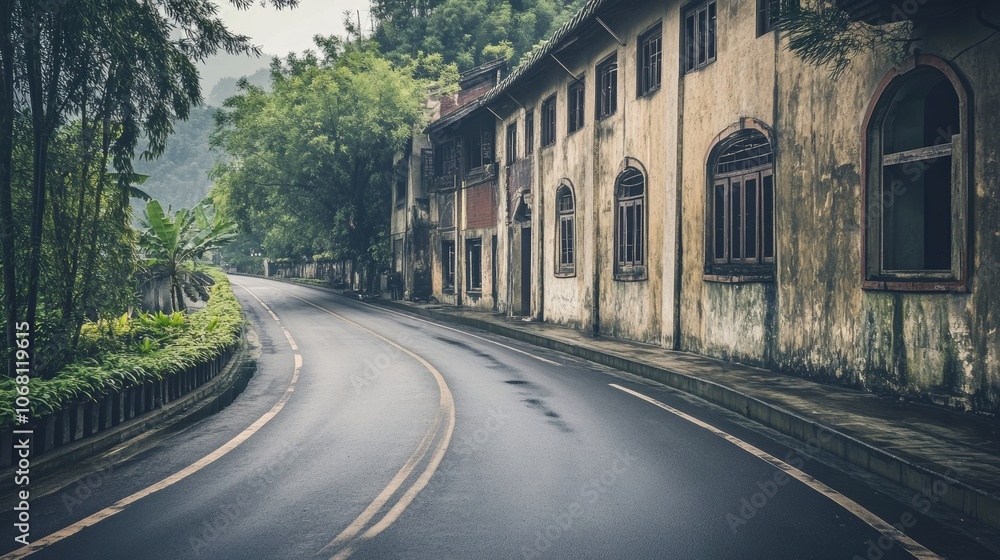 Naklejka premium Empty road near vintage building in chongqing