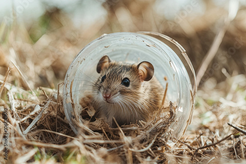 An animal trapped in a discarded plastic container in a natural setting photo