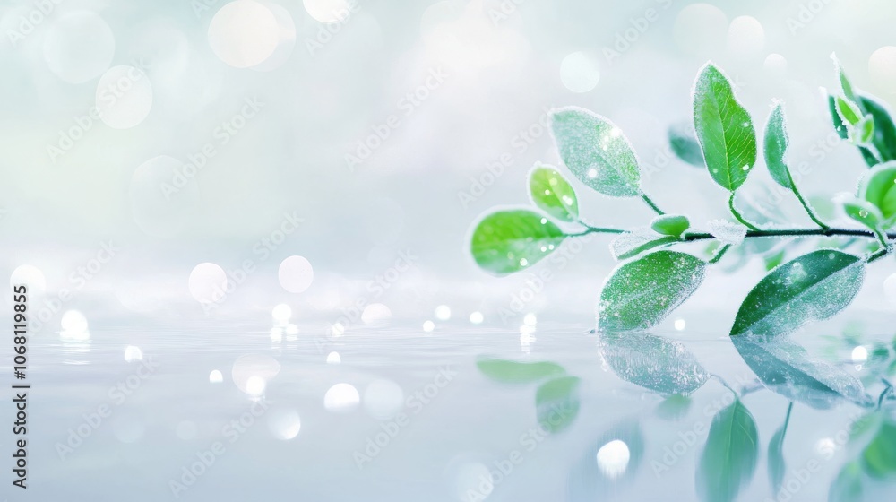 green leaves branch over reflective surface, winter frost crystals, ethereal bokeh lights, minimalist nature composition, soft focus background, morning mist, crystalline sparkles, dreamy atmosphere green leaves branch over reflective surface, winter frost crystals, ethereal bokeh lights, minimalist nature composition, soft focus background, morning mist, crystalline sparkles, dreamy atmosphere