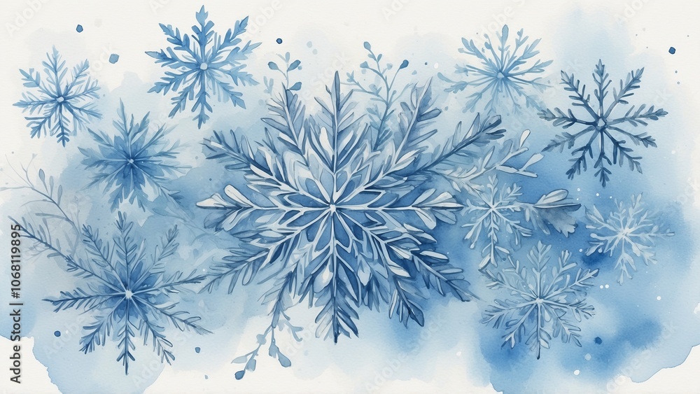 Artistic blue snowflake and botanical pattern, winter-themed watercolor design Artistic blue snowflake and botanical pattern, winter-themed watercolor design