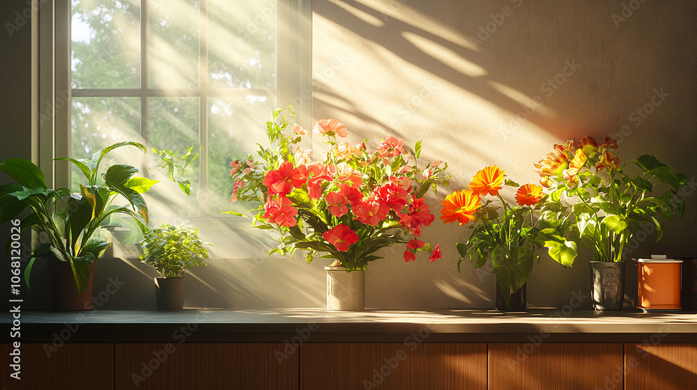Fototapeta premium Flower, flower arrangement, art, scene, vase, beautiful, gorgeous, life, four seasons, spring, summer, autumn, winter, bedroom, living room, dining table, dining room, flower, bouquet, yellow, orange,