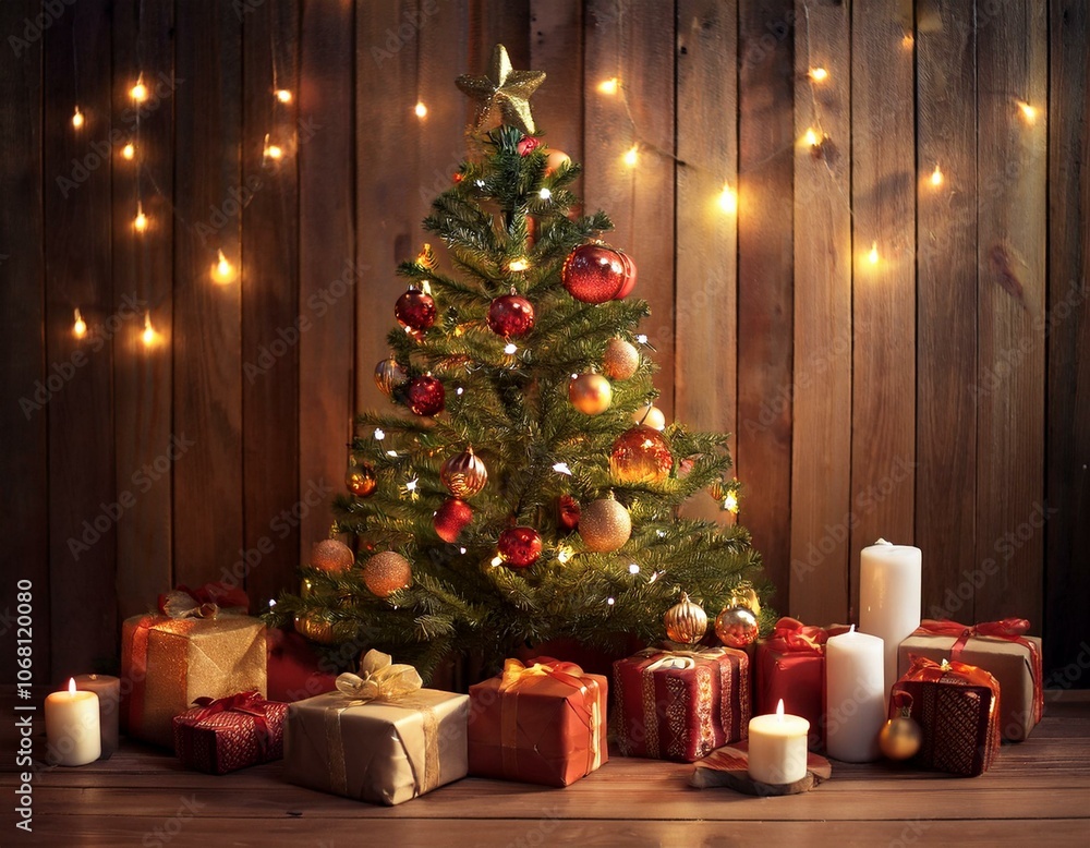Warm Holiday Glow: Christmas Tree, Presents, and Candles on a Wooden Surface Warm Holiday Glow: Christmas Tree, Presents, and Candles on a Wooden Surface