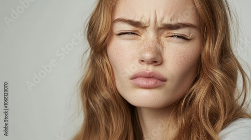 female model demonstrating facial discomfort, furrowed brow, pale skin tone, long wavy hair, plain background, studio-quality image, medical symptom visualization, close-up shot