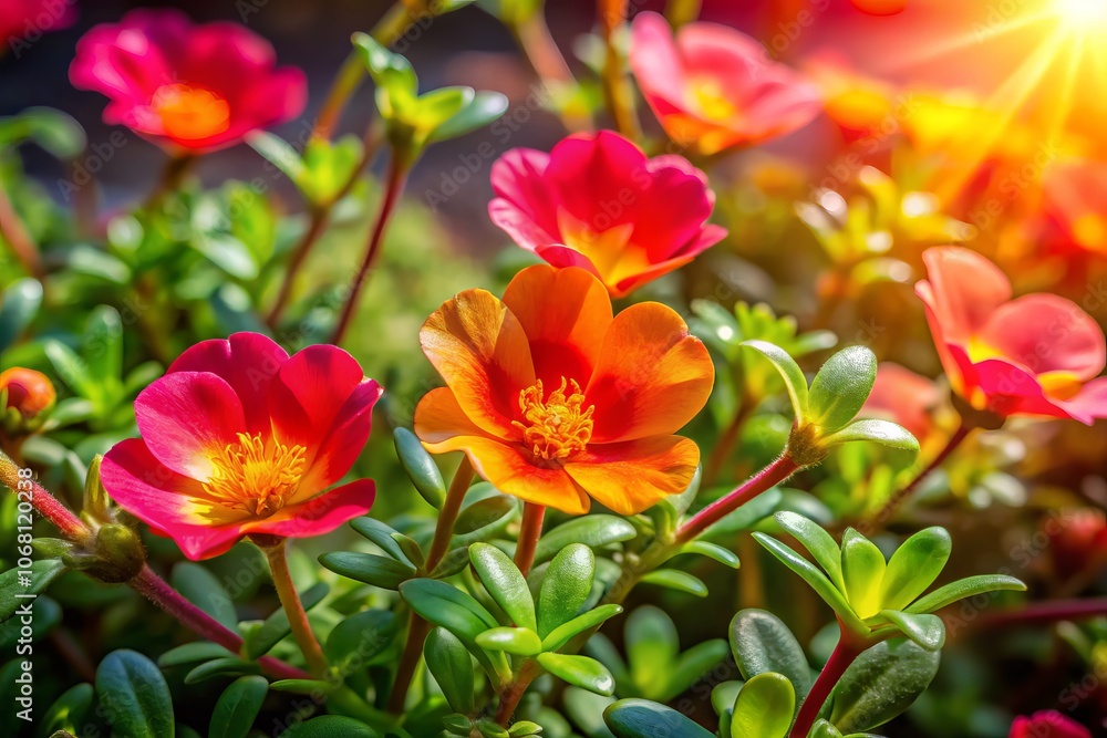 Vibrant Portulaca Plants Thriving in Strong Sunlight, Showcasing Their Colorful Blooms Against a Bright Blue Sky in a Lush Outdoor Garden Setting Vibrant Portulaca Plants Thriving in Strong Sunlight, Showcasing Their Colorful Blooms Against a Bright Blue Sky in a Lush Outdoor Garden Setting