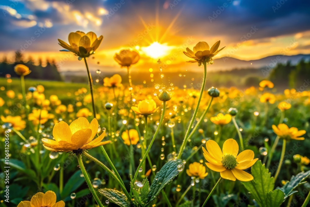 Fototapeta premium Vibrant Yellow Wildflowers Blooming in the Morning Light: A Stunning Night Photography Capture of Nature's Beauty with Dewdrops and Soft Sunlight in a Serene Landscape