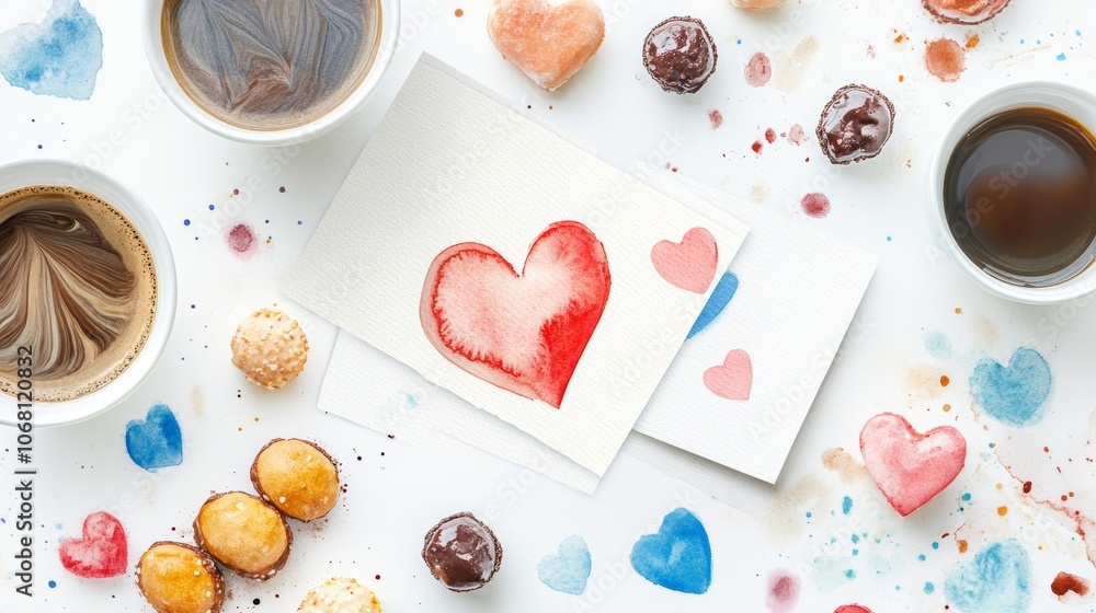 Watercolor postcards coffee and sweets flat lay top view valentines day or love composition Watercolor postcards coffee and sweets flat lay top view valentines day or love composition