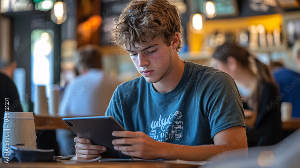 Young Man Focused on Tablet in Cozy Coffee Shop Setting with People Nearby, the Blend of Technology and Social Environment in a New Normal Remote Work. Young Man Focused on Tablet in Cozy Coffee Shop Setting with People Nearby, the Blend of Technology and Social Environment in a New Normal Remote Work.