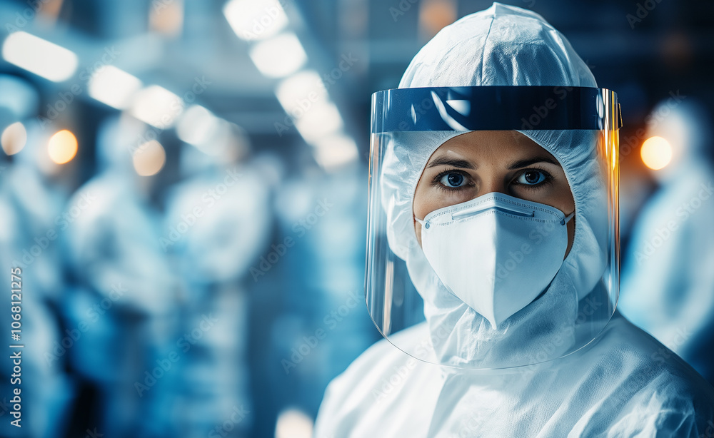 A close-up of a healthcare worker wearing a face mask and protective face shield, with colleagues in the background. A close-up of a healthcare worker wearing a face mask and protective face shield, with colleagues in the background.