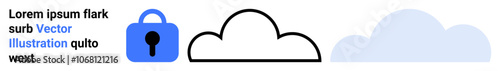 Blue lock icon with keyhole next to three stylized clouds in varying outlines and shades. Ideal for cloud computing, data security, technology, IT services, cybersecurity, digital storage, web