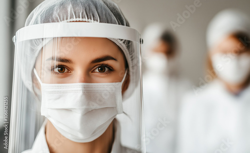 A close-up of a healthcare worker wearing a face mask and protective face shield, with colleagues in the background.