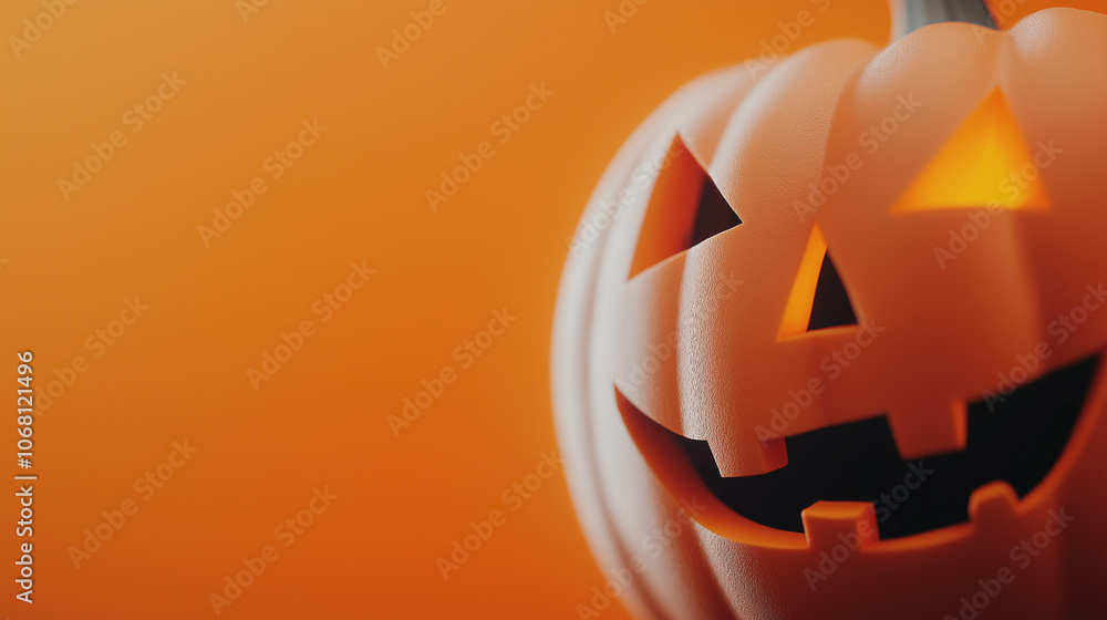 Fototapeta premium A classic jack-o'-lantern pumpkin with a carved face on an orange background, symbolizing Halloween.