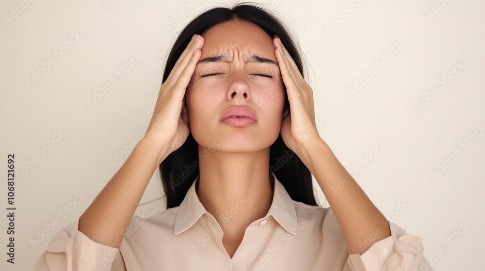 stressed office worker holding face, pained expression, minimal makeup, beige blouse, neutral backdrop, professional headshot style, contemporary workplace health issue depiction stressed office worker holding face, pained expression, minimal makeup, beige blouse, neutral backdrop, professional headshot style, contemporary workplace health issue depiction