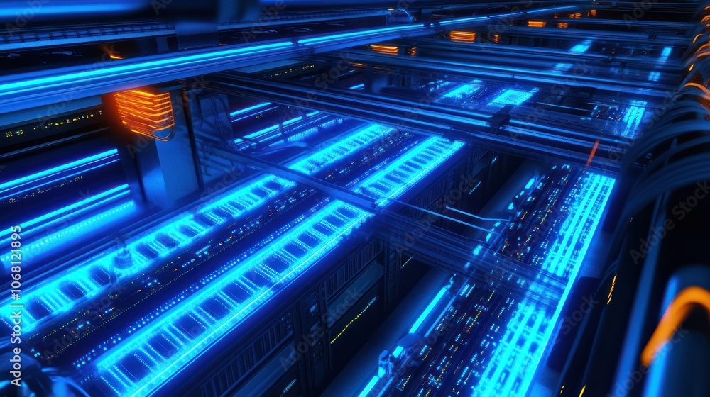 A futuristic, high-tech data center with glowing blue and orange lights. A futuristic, high-tech data center with glowing blue and orange lights.
