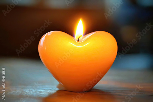 Heart-shaped candle burning softly in a dimly lit room photo