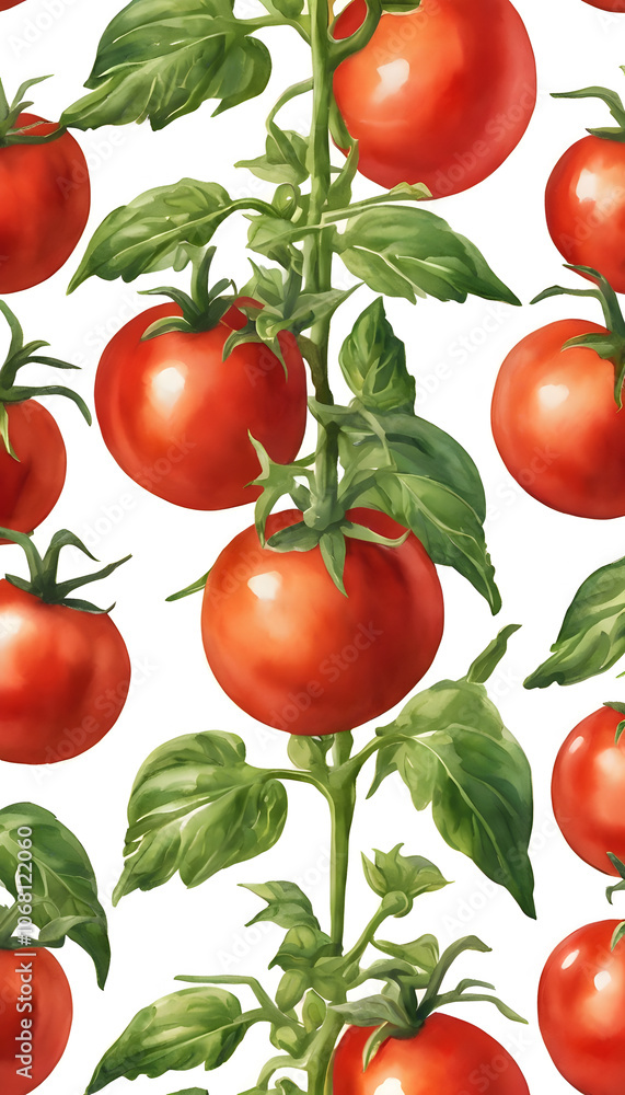 Illustration of a tomato plant with ripe red tomatoes and green leaves on a white background. Illustration of a tomato plant with ripe red tomatoes and green leaves on a white background.