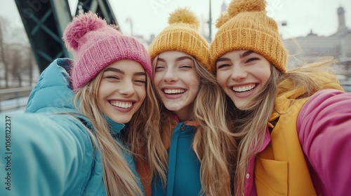 Three young women wearing colorful winter hats and jackets taking a selfie while laughing.