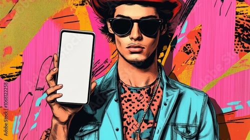 Fashion collage in magazine style and pop art style concept frame of blank smartphone young man holding a smartphone in the palm hand photo