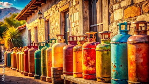 Vintage Style Photography of Spanish Gas Bottles in La Nucia, Alicante Province on the Costa Blanca, Capturing the Essence of August 23, 2024, in a Timeless Scene photo