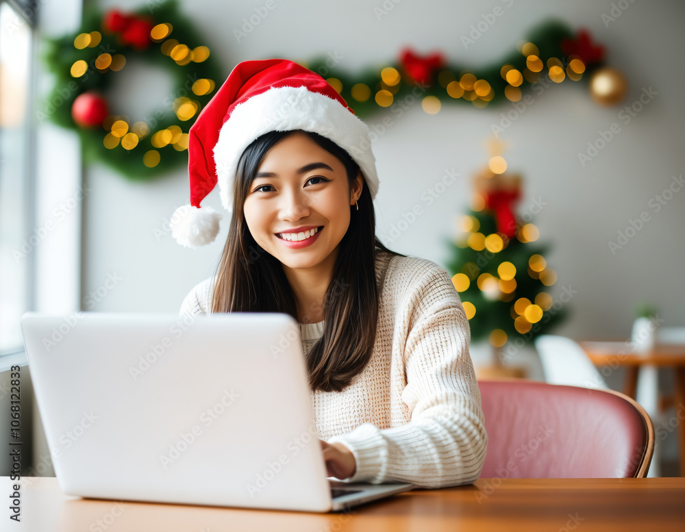 happy christmas asian woman with laptop happy christmas asian woman with laptop