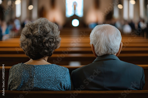 Elderly couple attending a church service or community gathering together photo