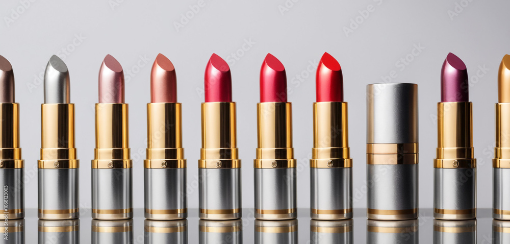 lipsticks in various shades of pink, purple, and red are lined up on a white background.