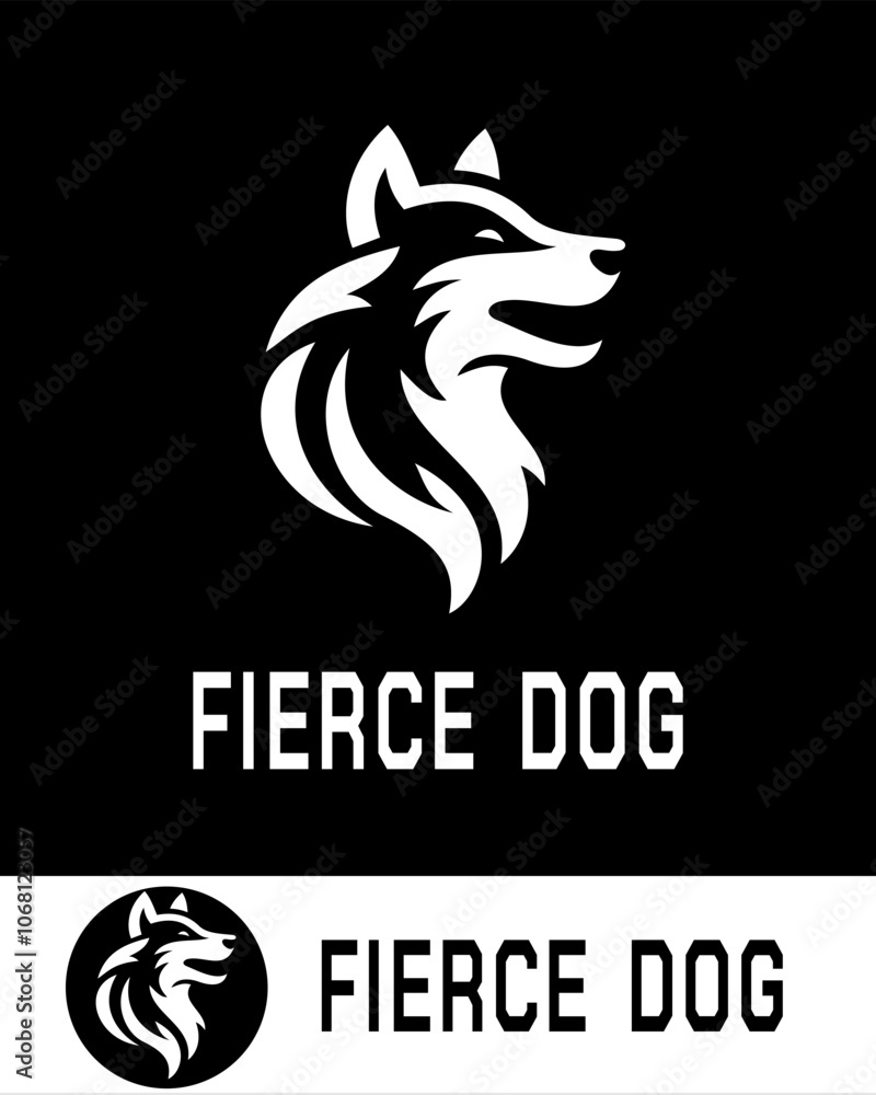 Bold and dynamic fierce dog logo in white silhouette on a dark background, symbolizing strength, loyalty, and protection Bold and dynamic fierce dog logo in white silhouette on a dark background, symbolizing strength, loyalty, and protection