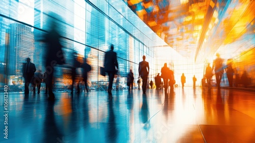 Blurred Silhouettes of People Walking in Modern Glass Building with Vibrant Sunset Reflections and Dynamic Urban Atmosphere