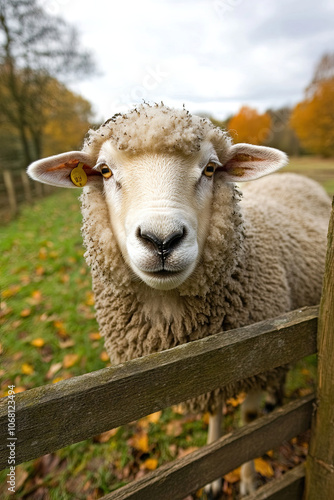 Sheep grazing near a wooden fence in the countryside photo