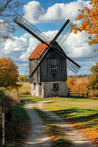 Old-fashioned windmill against a rural landscape photo