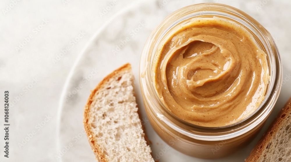 Peanut butter in a glass jar accompanied by slices of bread, representing a classic and nutritious snack option. Peanut butter in a glass jar accompanied by slices of bread, representing a classic and nutritious snack option.