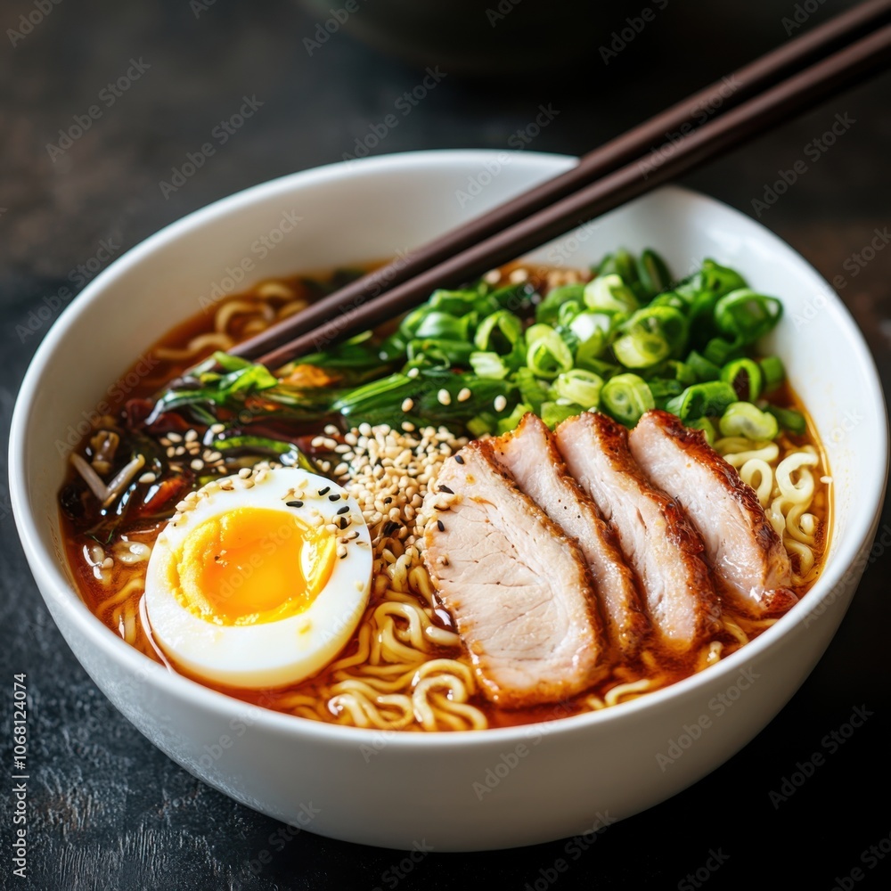 A delicious bowl of spicy ramen with pork slices, soft-boiled egg, and green onions A delicious bowl of spicy ramen with pork slices, soft-boiled egg, and green onions
