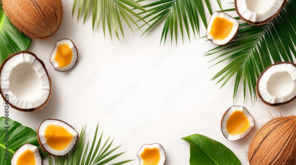 Coconuts and palm leaves on a white isolate background.