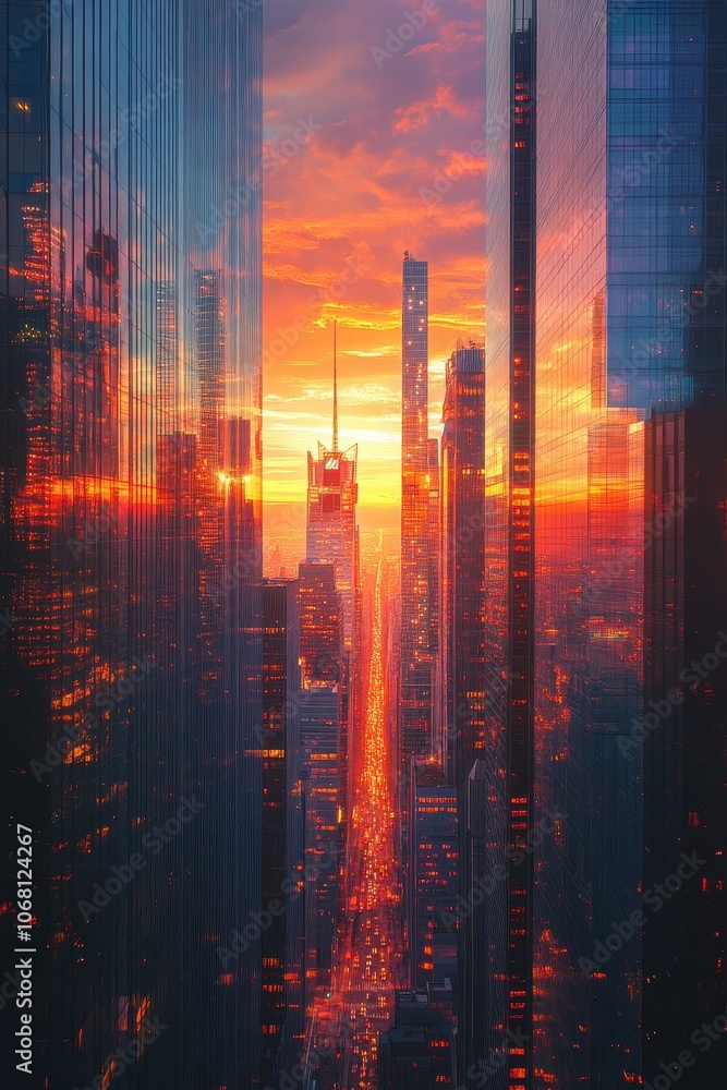 Fototapeta premium Stunning Urban Sunset Skyline with Skyscrapers and Vibrant Colors Reflecting in Glass Buildings at Dusk in a Bustling Cityscape