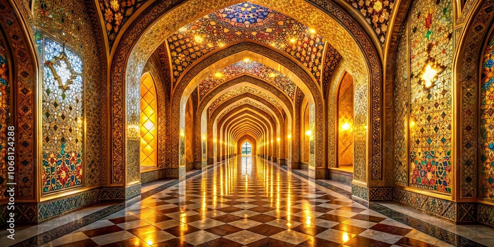 A shimmering hallway adorned with intricate mosaic designs, bathed in golden light, leading to an unknown destination. A shimmering hallway adorned with intricate mosaic designs, bathed in golden light, leading to an unknown destination.