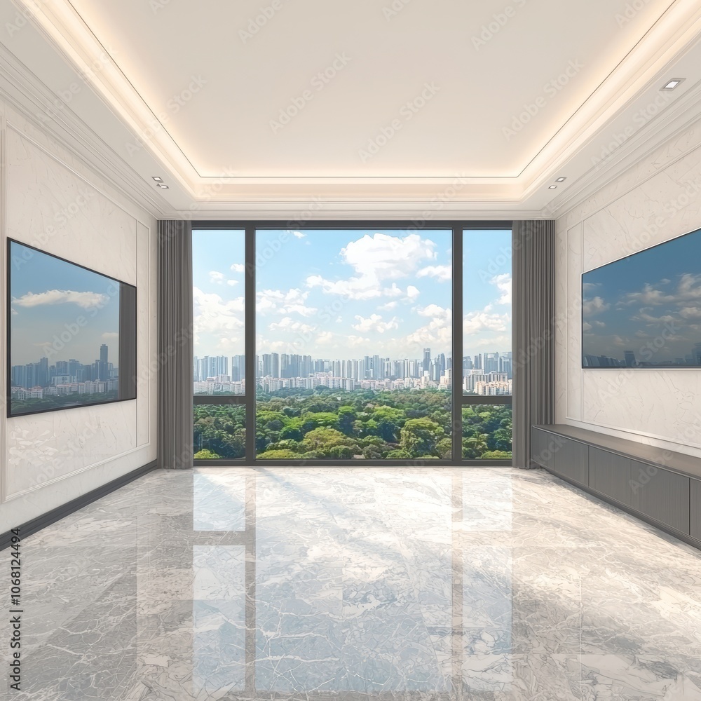 Obraz premium Modern interior with large windows showcasing a cityscape view.