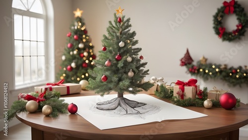 A festive scene with a 3D Christmas tree drawing and decorations.